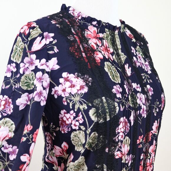 Ann Taylor Size M Lace Pleated Front Blouse Floral Print Navy Pink - Picture 7 of 11